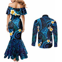 Tokelau Fakaofo Atoll Couples Matching Mermaid Dress and Long Sleeve Button Shirt Polynesian Tattoo Plumeria With Map