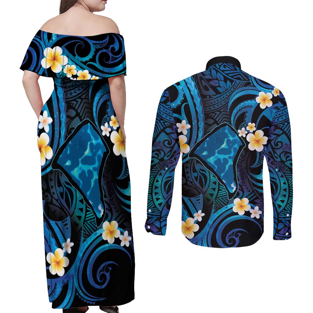 Tokelau Fakaofo Atoll Couples Matching Off Shoulder Maxi Dress and Long Sleeve Button Shirt Polynesian Tattoo Plumeria With Map LT14 - Polynesian Pride