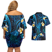 Tokelau Fakaofo Atoll Couples Matching Off Shoulder Short Dress and Hawaiian Shirt Polynesian Tattoo Plumeria With Map LT14 - Polynesian Pride