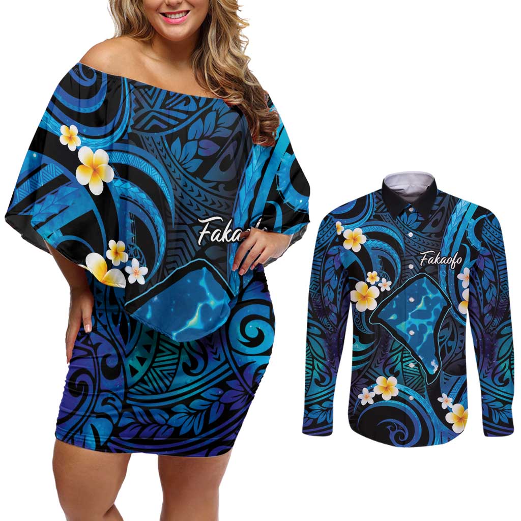 Tokelau Fakaofo Atoll Couples Matching Off Shoulder Short Dress and Long Sleeve Button Shirt Polynesian Tattoo Plumeria With Map LT14 Blue - Polynesian Pride
