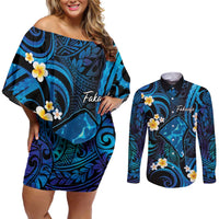 Tokelau Fakaofo Atoll Couples Matching Off Shoulder Short Dress and Long Sleeve Button Shirt Polynesian Tattoo Plumeria With Map LT14 Blue - Polynesian Pride