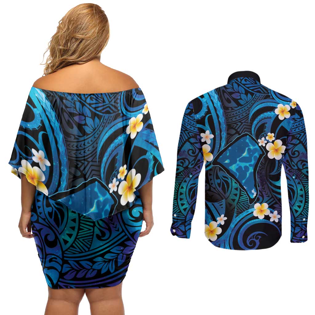 Tokelau Fakaofo Atoll Couples Matching Off Shoulder Short Dress and Long Sleeve Button Shirt Polynesian Tattoo Plumeria With Map LT14 - Polynesian Pride