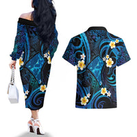 Tokelau Fakaofo Atoll Couples Matching Off The Shoulder Long Sleeve Dress and Hawaiian Shirt Polynesian Tattoo Plumeria With Map