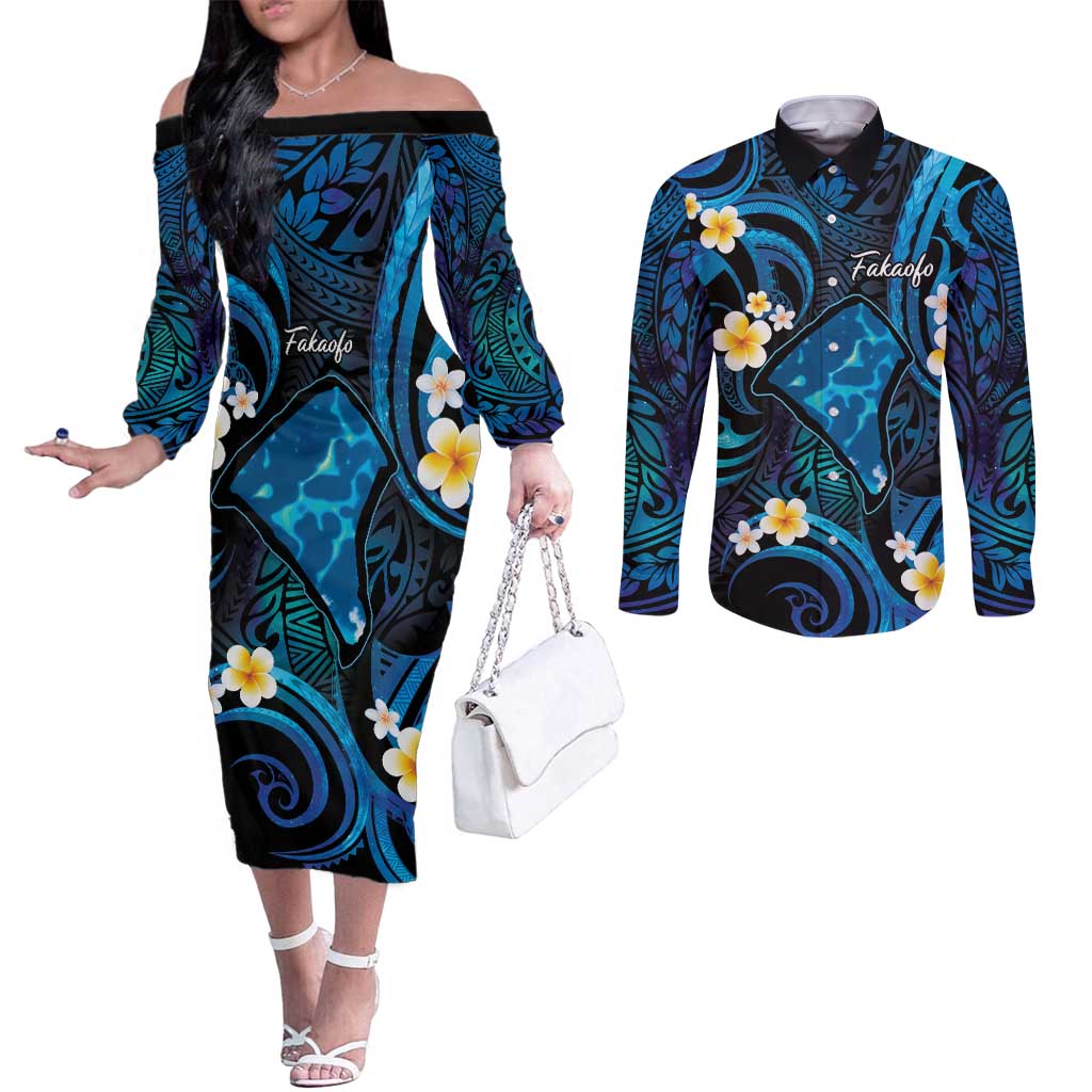 Tokelau Fakaofo Atoll Couples Matching Off The Shoulder Long Sleeve Dress and Long Sleeve Button Shirt Polynesian Tattoo Plumeria With Map LT14 Blue - Polynesian Pride