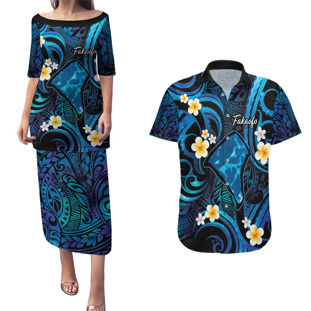 Tokelau Fakaofo Atoll Couples Matching Puletasi and Hawaiian Shirt Polynesian Tattoo Plumeria With Map LT14 Blue - Polynesian Pride