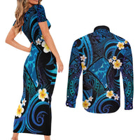 Tokelau Fakaofo Atoll Couples Matching Short Sleeve Bodycon Dress and Long Sleeve Button Shirt Polynesian Tattoo Plumeria With Map LT14 - Polynesian Pride