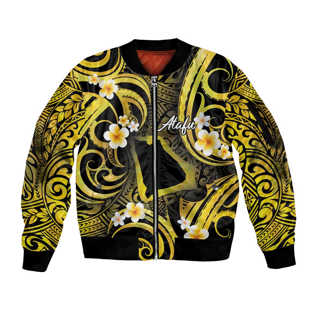 Tokelau Atafu Atoll Sleeve Zip Bomber Jacket Polynesian Tattoo Plumeria With Map