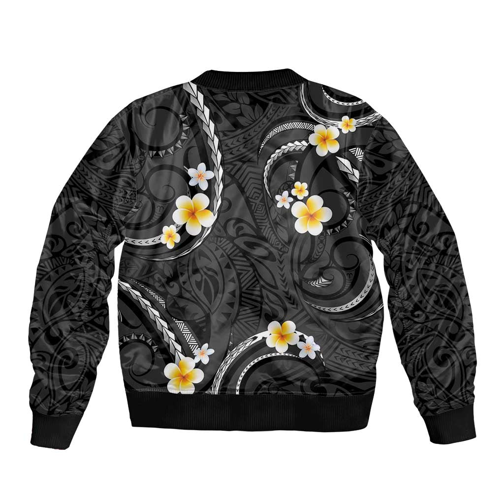 Black And Gray Bomber Jacket Curves Polynesian Tattoo Mix Plumeria Flowers LT14 - Polynesian Pride