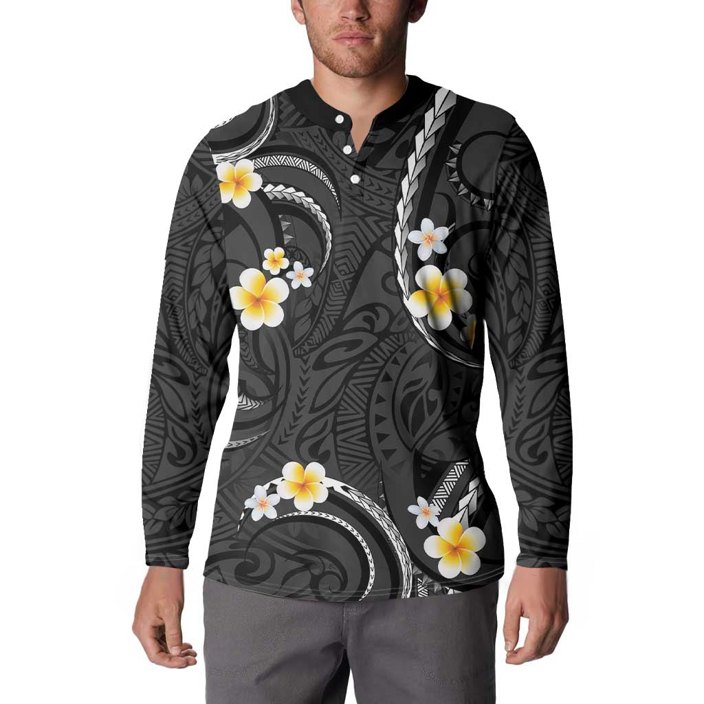 Black And Gray Button Sweatshirt Curves Polynesian Tattoo Mix Plumeria Flowers