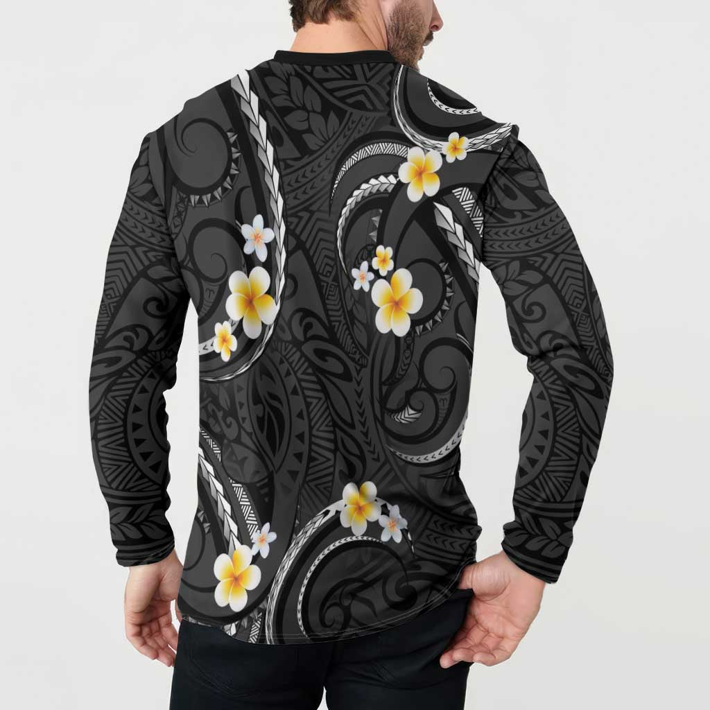 Black And Gray Button Sweatshirt Curves Polynesian Tattoo Mix Plumeria Flowers