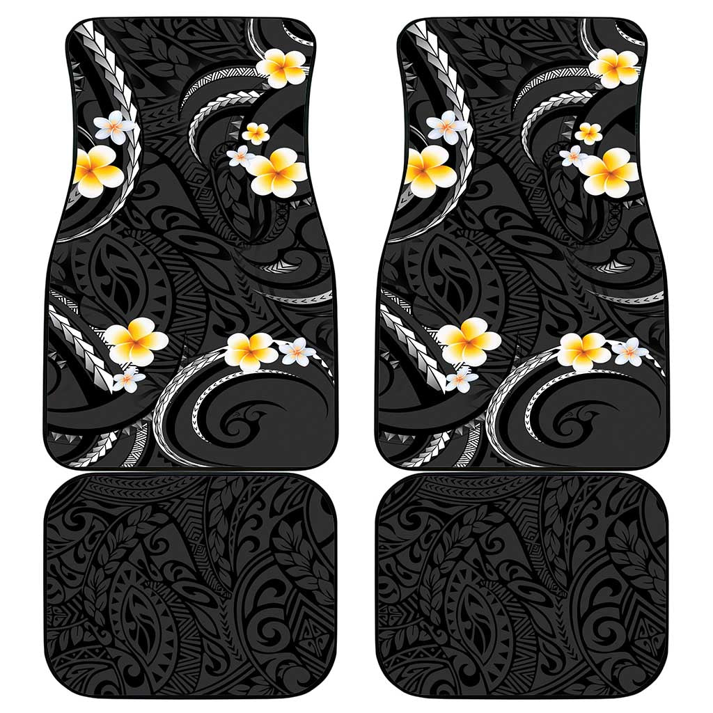 Black And Gray Car Mats Curves Polynesian Tattoo Mix Plumeria Flowers