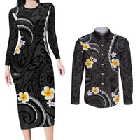 Black And Gray Couples Matching Long Sleeve Bodycon Dress and Long Sleeve Button Shirt Curves Polynesian Tattoo Mix Plumeria Flowers LT14 Gray - Polynesian Pride