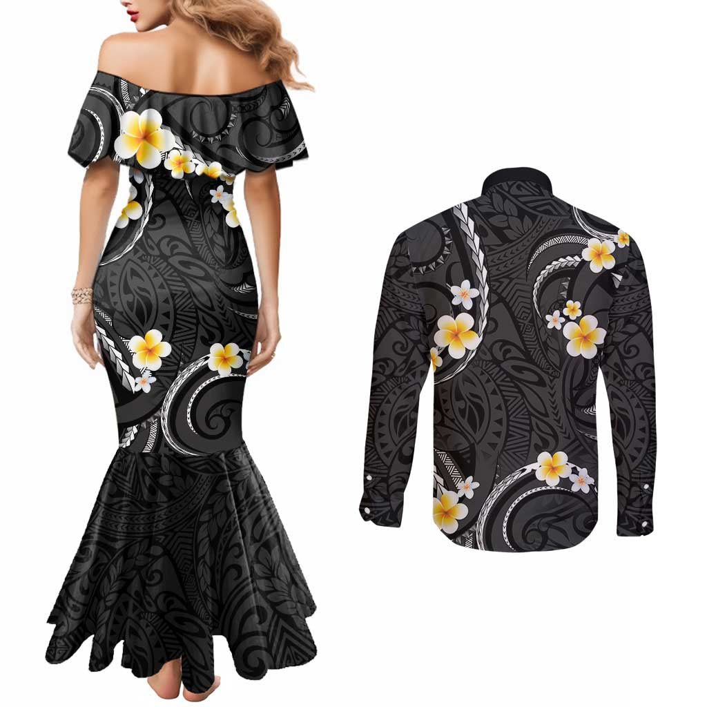 Black And Gray Couples Matching Mermaid Dress and Long Sleeve Button Shirt Curves Polynesian Tattoo Mix Plumeria Flowers LT14 - Polynesian Pride
