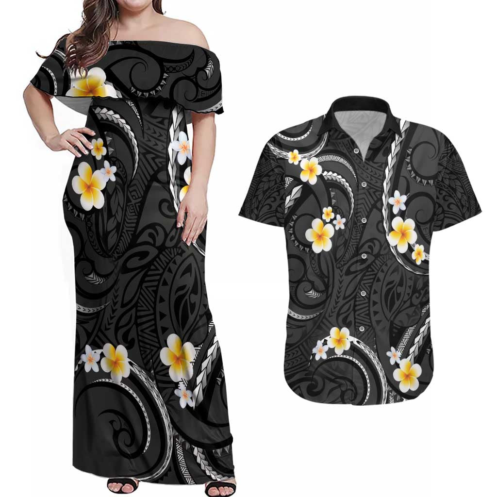 Black And Gray Couples Matching Off Shoulder Maxi Dress and Hawaiian Shirt Curves Polynesian Tattoo Mix Plumeria Flowers