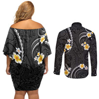 Black And Gray Couples Matching Off Shoulder Short Dress and Long Sleeve Button Shirt Curves Polynesian Tattoo Mix Plumeria Flowers LT14 - Polynesian Pride