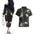 Black And Gray Couples Matching Off The Shoulder Long Sleeve Dress and Hawaiian Shirt Curves Polynesian Tattoo Mix Plumeria Flowers