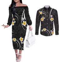 Black And Gray Couples Matching Off The Shoulder Long Sleeve Dress and Long Sleeve Button Shirt Curves Polynesian Tattoo Mix Plumeria Flowers LT14 Gray - Polynesian Pride