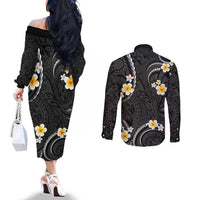 Black And Gray Couples Matching Off The Shoulder Long Sleeve Dress and Long Sleeve Button Shirt Curves Polynesian Tattoo Mix Plumeria Flowers LT14 - Polynesian Pride