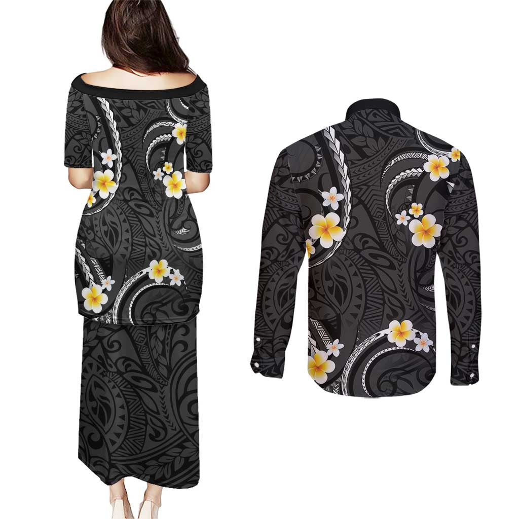 Black And Gray Couples Matching Puletasi and Long Sleeve Button Shirt Curves Polynesian Tattoo Mix Plumeria Flowers