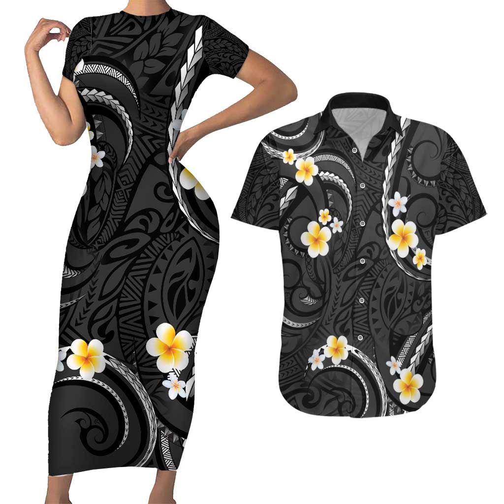 Black And Gray Couples Matching Short Sleeve Bodycon Dress and Hawaiian Shirt Curves Polynesian Tattoo Mix Plumeria Flowers