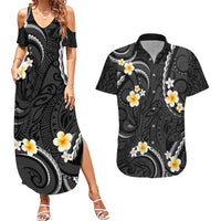 Black And Gray Couples Matching Summer Maxi Dress and Hawaiian Shirt Curves Polynesian Tattoo Mix Plumeria Flowers LT14 Gray - Polynesian Pride