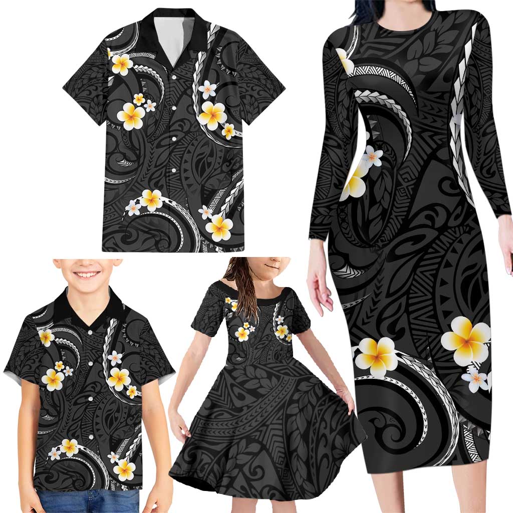 Black And Gray Family Matching Long Sleeve Bodycon Dress and Hawaiian Shirt Curves Polynesian Tattoo Mix Plumeria Flowers LT14 - Polynesian Pride