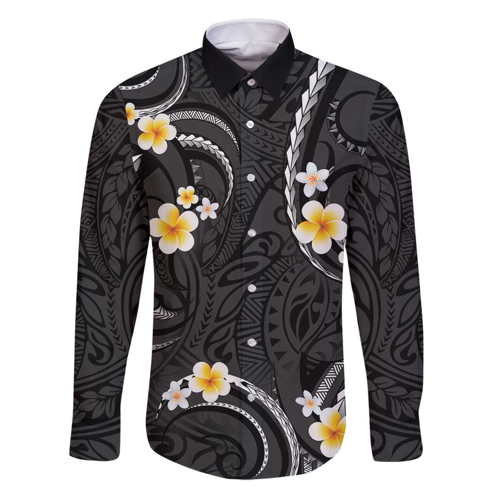 Black And Gray Family Matching Long Sleeve Bodycon Dress and Hawaiian Shirt Curves Polynesian Tattoo Mix Plumeria Flowers LT14 Dad's Shirt - Long Sleeve Gray - Polynesian Pride