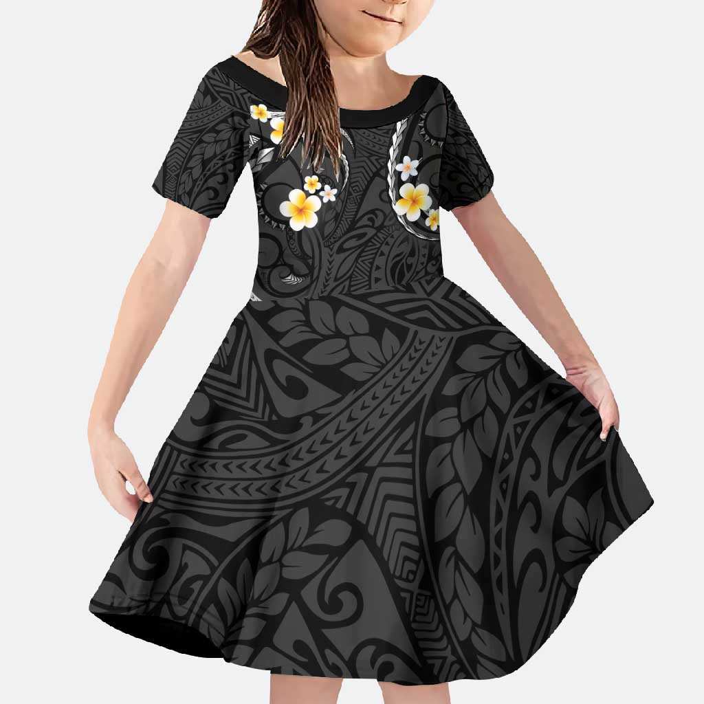 Black And Gray Family Matching Mermaid Dress and Hawaiian Shirt Curves Polynesian Tattoo Mix Plumeria Flowers LT14 Daughter's Dress Gray - Polynesian Pride