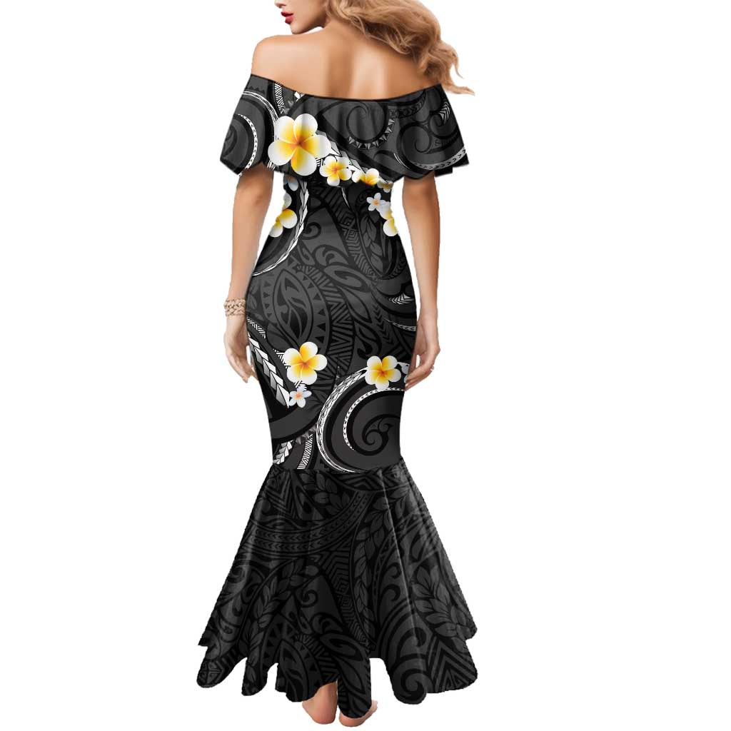 Black And Gray Family Matching Mermaid Dress and Hawaiian Shirt Curves Polynesian Tattoo Mix Plumeria Flowers LT14 - Polynesian Pride