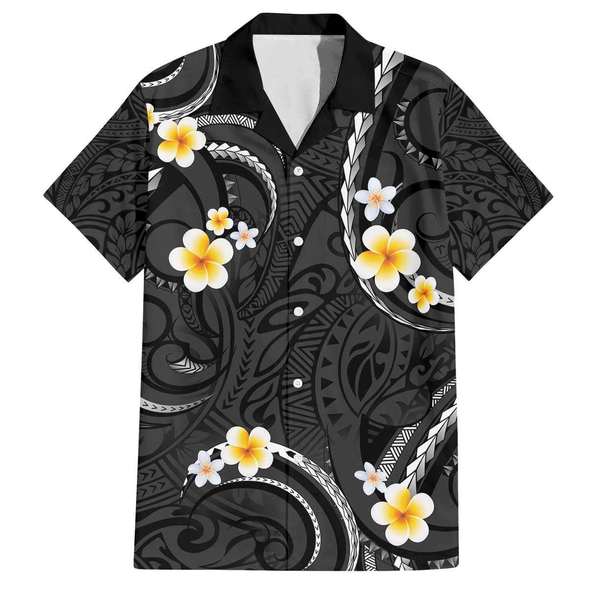 Black And Gray Family Matching Puletasi and Hawaiian Shirt Curves Polynesian Tattoo Mix Plumeria Flowers LT14 Dad's Shirt - Short Sleeve Gray - Polynesian Pride