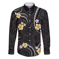 Black And Gray Family Matching Puletasi and Hawaiian Shirt Curves Polynesian Tattoo Mix Plumeria Flowers LT14 Dad's Shirt - Long Sleeve Gray - Polynesian Pride