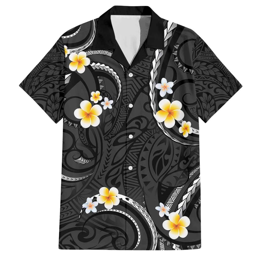 Black And Gray Family Matching Short Sleeve Bodycon Dress and Hawaiian Shirt Curves Polynesian Tattoo Mix Plumeria Flowers LT14 Dad's Shirt - Short Sleeve Gray - Polynesian Pride