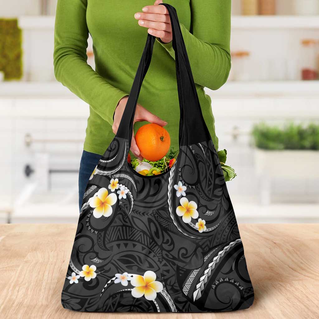 Black And Gray Grocery Bag Curves Polynesian Tattoo Mix Plumeria Flowers