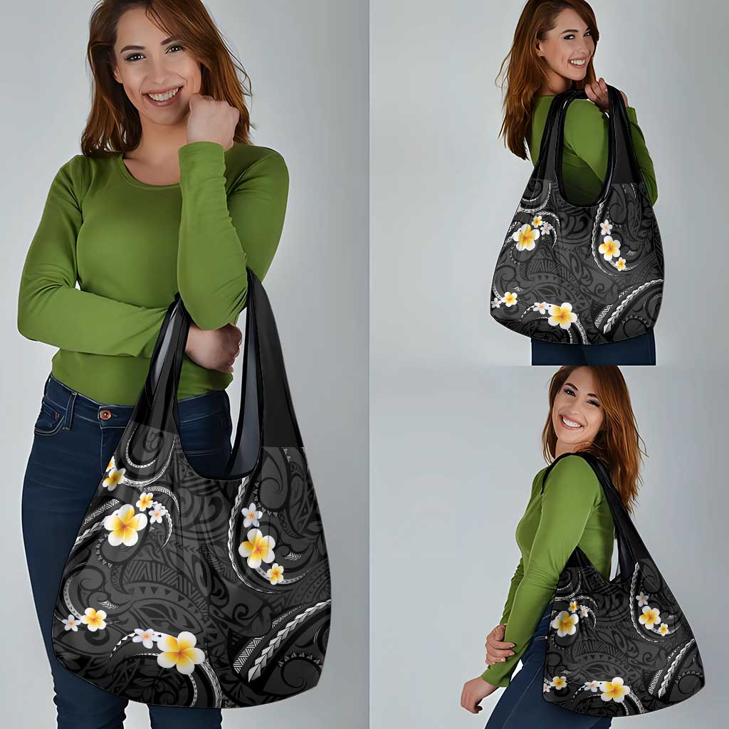 Black And Gray Grocery Bag Curves Polynesian Tattoo Mix Plumeria Flowers