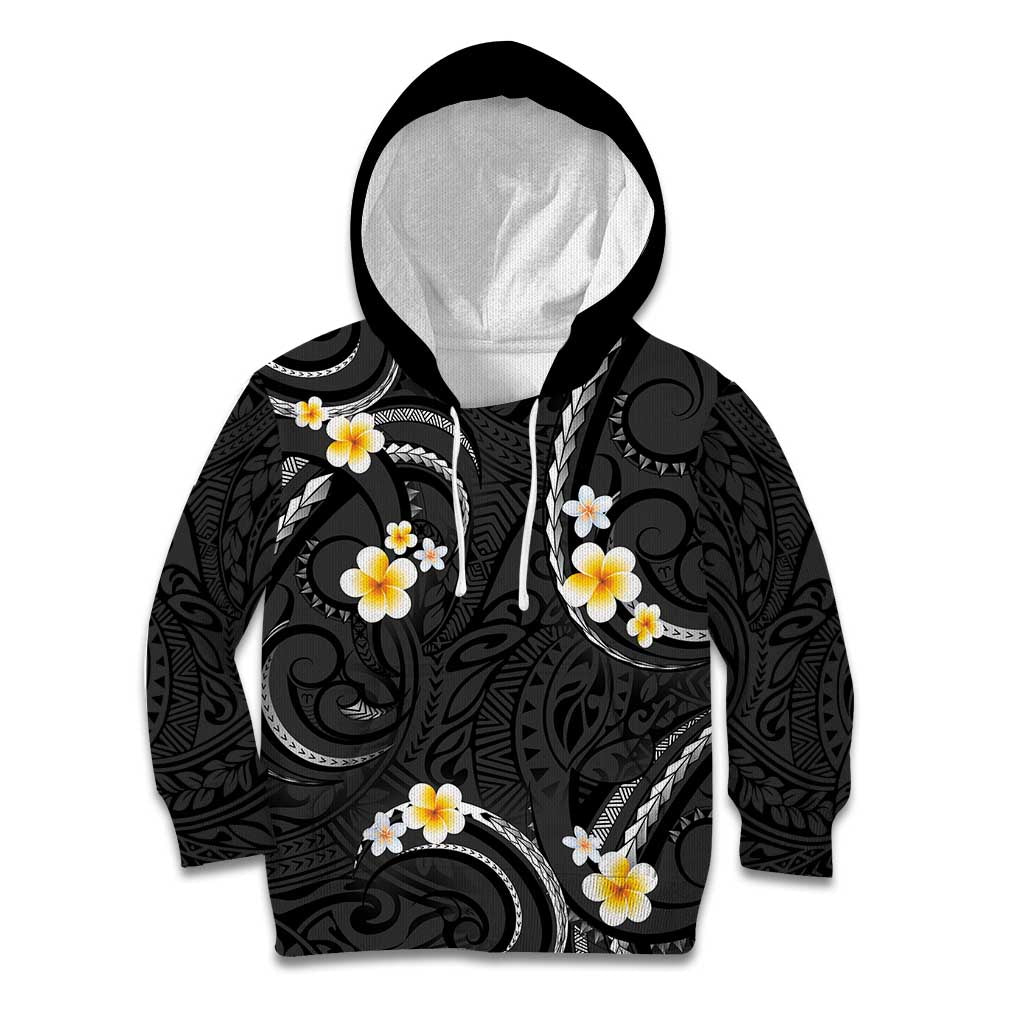 Black And Gray Kid Hoodie Curves Polynesian Tattoo Mix Plumeria Flowers