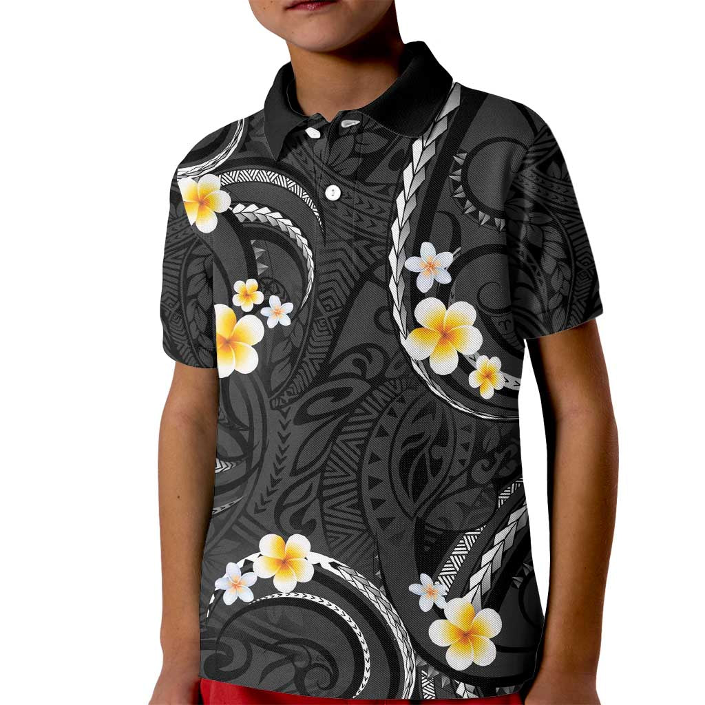 Black And Gray Kid Polo Shirt Curves Polynesian Tattoo Mix Plumeria Flowers
