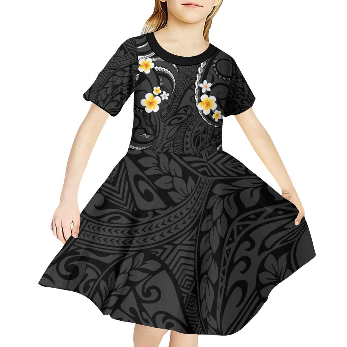 Black And Gray Kid Short Sleeve Dress Curves Polynesian Tattoo Mix Plumeria Flowers