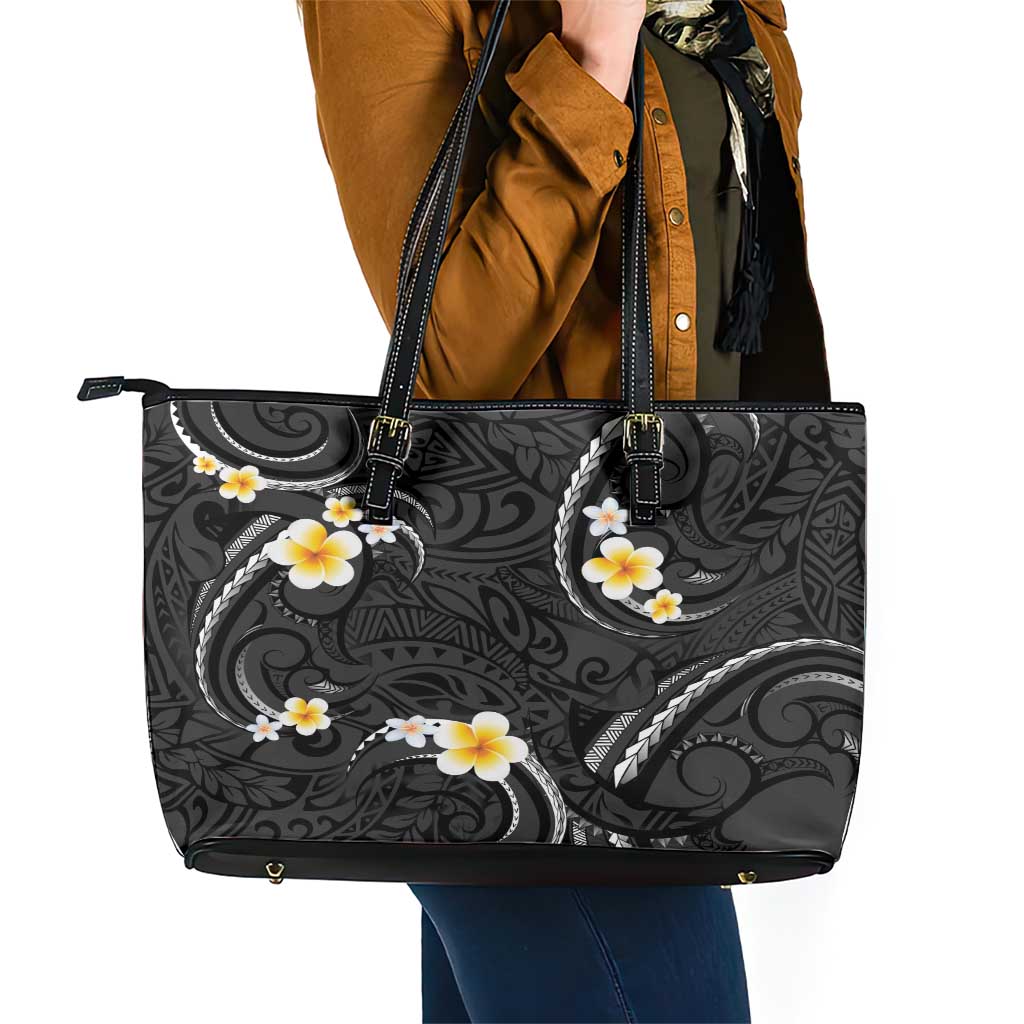 Black And Gray Leather Tote Bag Curves Polynesian Tattoo Mix Plumeria Flowers