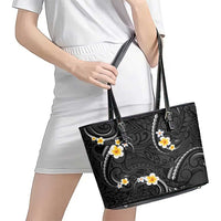 Black And Gray Leather Tote Bag Curves Polynesian Tattoo Mix Plumeria Flowers
