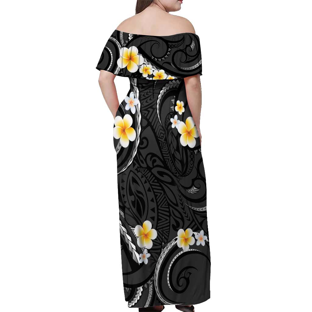 Black And Gray Off Shoulder Maxi Dress Curves Polynesian Tattoo Mix Plumeria Flowers