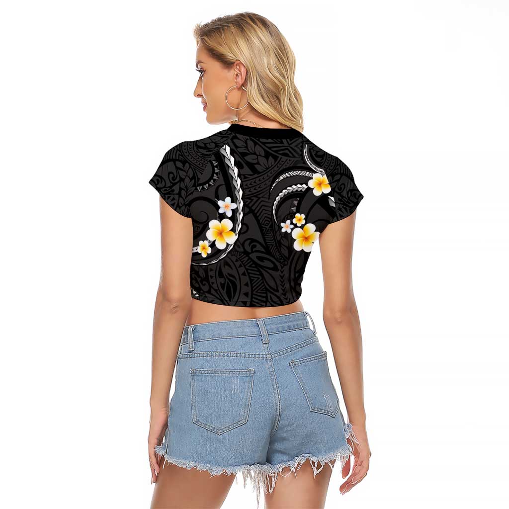 Black And Gray Raglan Cropped T Shirt Curves Polynesian Tattoo Mix Plumeria Flowers
