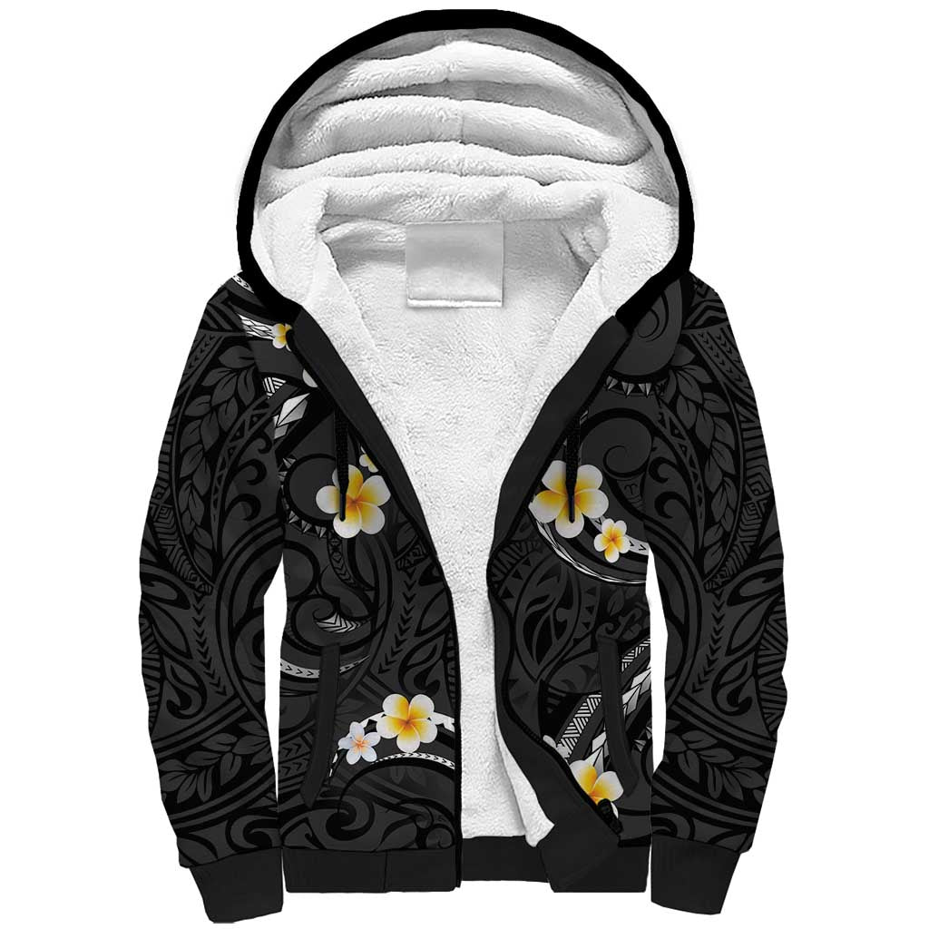 Black And Gray Sherpa Hoodie Curves Polynesian Tattoo Mix Plumeria Flowers