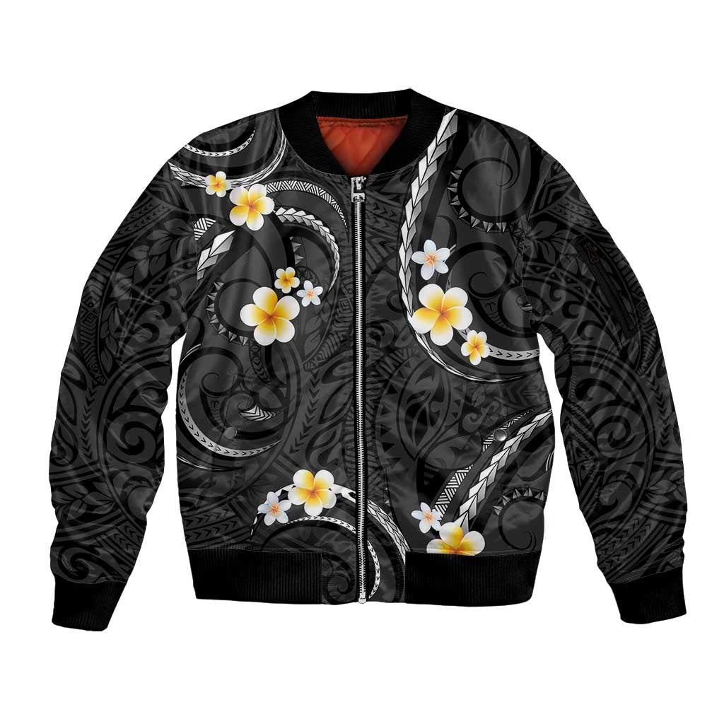 Black And Gray Sleeve Zip Bomber Jacket Curves Polynesian Tattoo Mix Plumeria Flowers