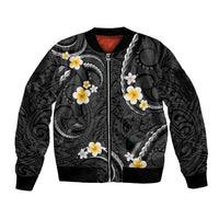Black And Gray Sleeve Zip Bomber Jacket Curves Polynesian Tattoo Mix Plumeria Flowers LT14 Unisex Gray - Polynesian Pride