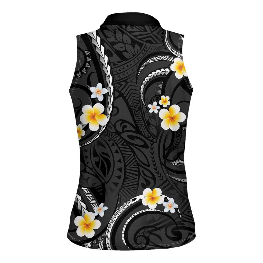 Black And Gray Women Sleeveless Polo Shirt Curves Polynesian Tattoo Mix Plumeria Flowers LT14 - Polynesian Pride