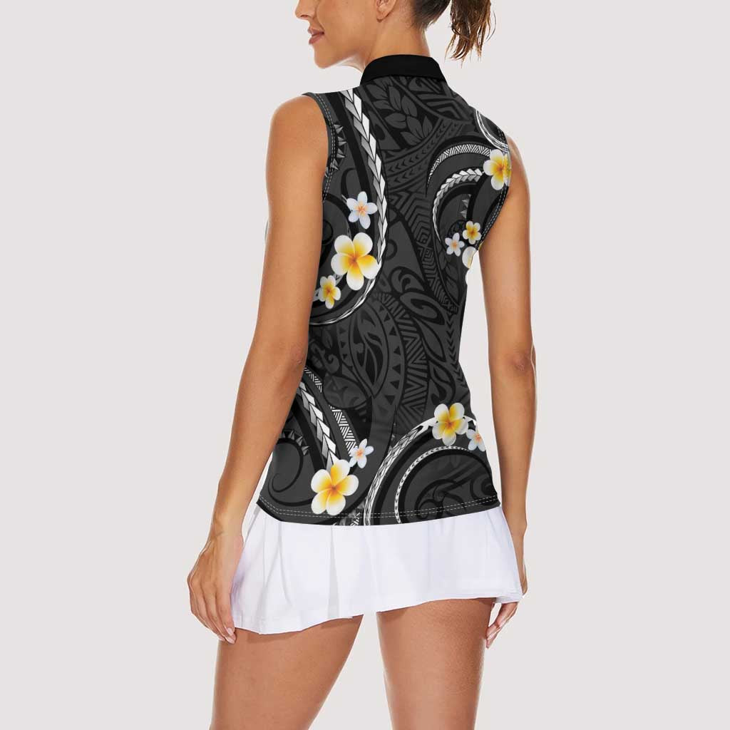 Black And Gray Women Sleeveless Polo Shirt Curves Polynesian Tattoo Mix Plumeria Flowers LT14 - Polynesian Pride