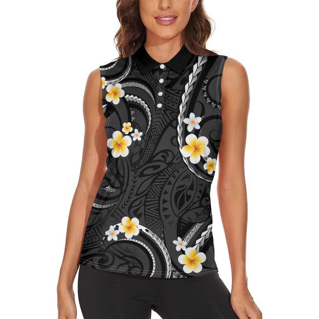Black And Gray Women Sleeveless Polo Shirt Curves Polynesian Tattoo Mix Plumeria Flowers LT14 - Polynesian Pride