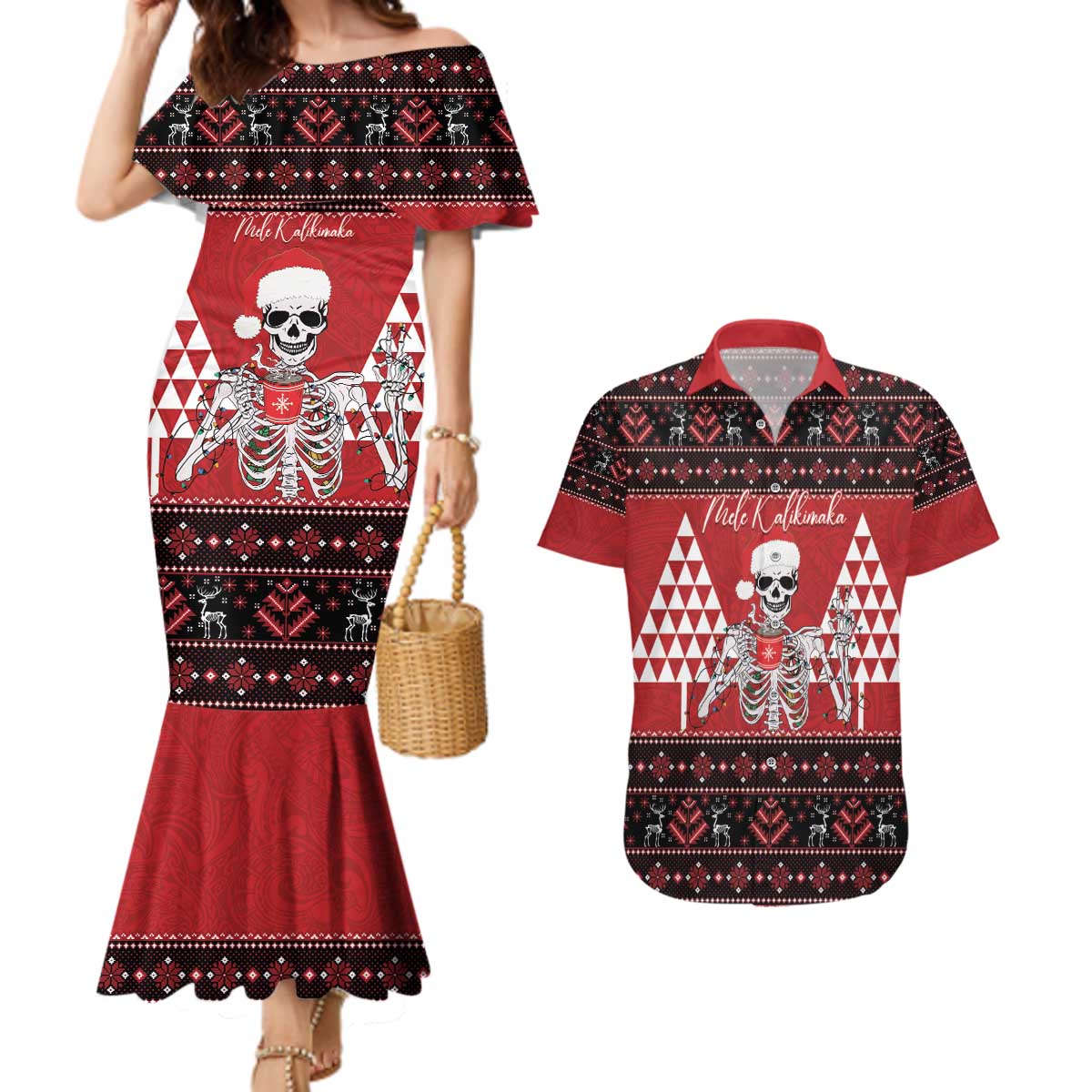 Personalized Hawaii Skull Christmas Couples Matching Mermaid Dress and Hawaiian Shirt Mele Kalikimaka Hawaiian Kakau LT14 Red - Polynesian Pride