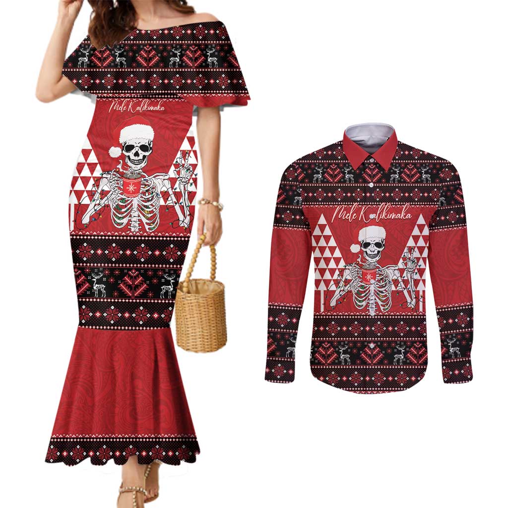 Personalized Hawaii Skull Christmas Couples Matching Mermaid Dress and Long Sleeve Button Shirt Mele Kalikimaka Hawaiian Kakau - Polynesian Pride