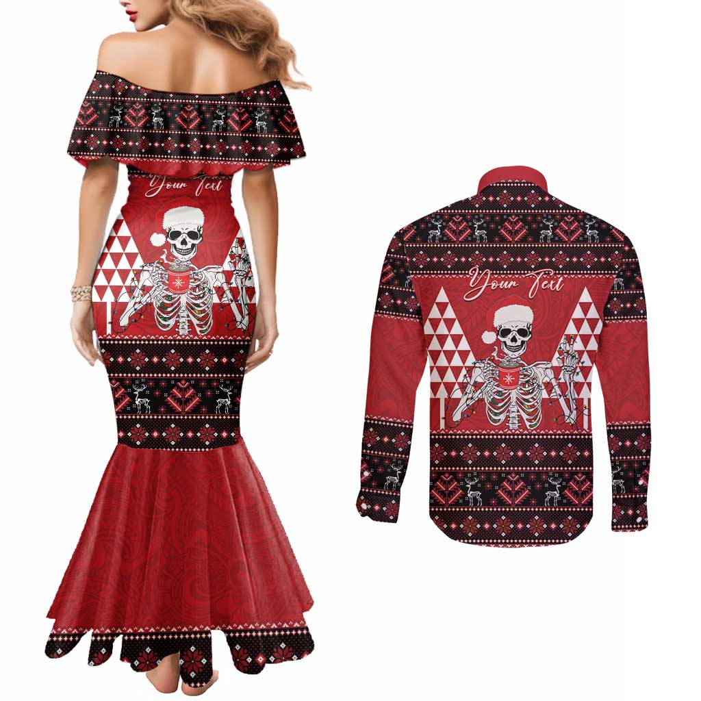 Personalized Hawaii Skull Christmas Couples Matching Mermaid Dress and Long Sleeve Button Shirt Mele Kalikimaka Hawaiian Kakau - Polynesian Pride